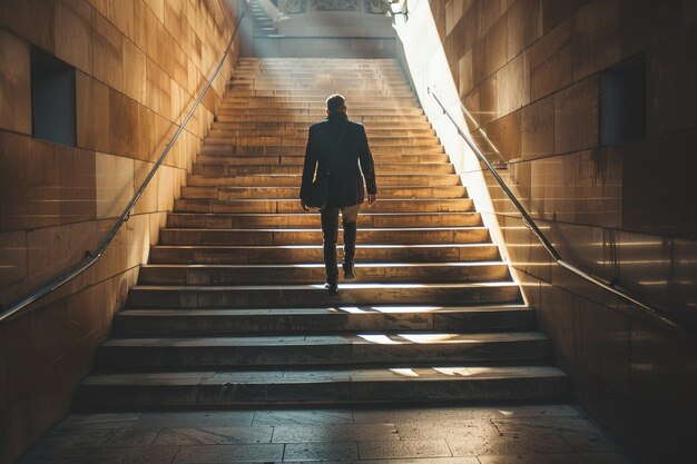 a man walks up a staircase in a dark tunnel