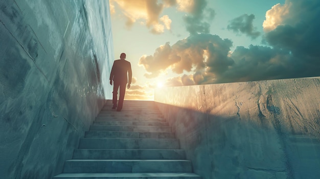 a man walks up a staircase with a sky background and a wall in the background