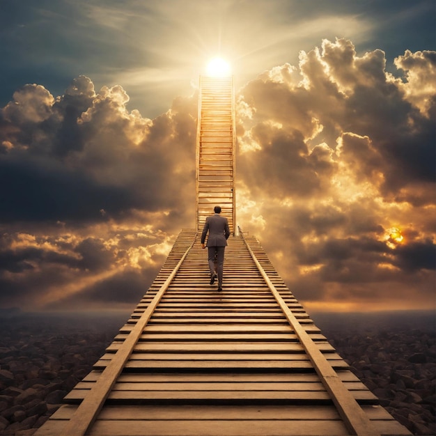 a man walks up a wooden staircase to a sunset