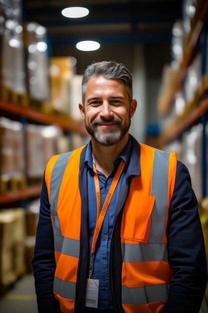 Man in warehouse wearing safety vest and smiling Generative AI