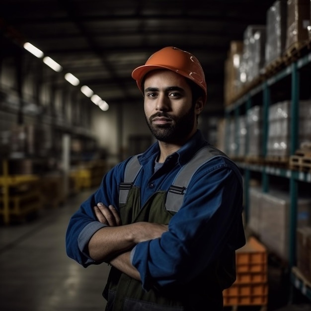 A man in a warehouse with a hat that says'l'on it