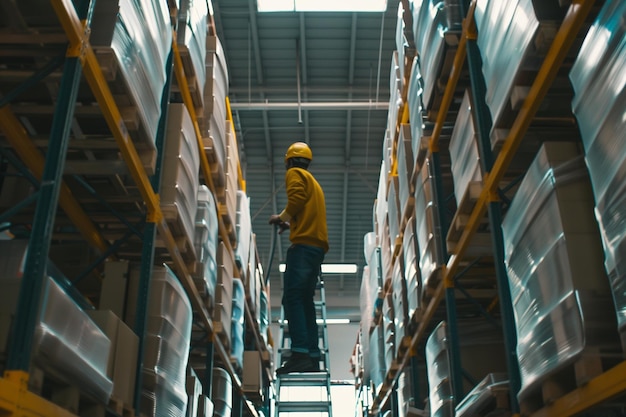 a man in a warehouse with a helmet on