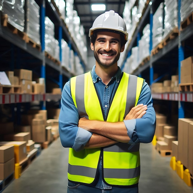 a man in a warehouse with a yellow vest on