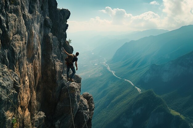 Photo a man was climbing a mountain cliff