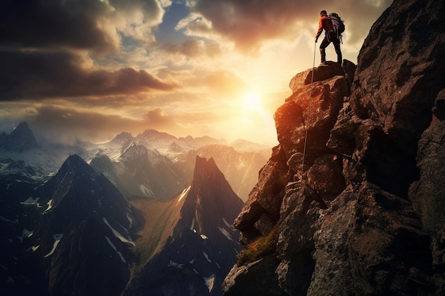 a man was climbing a mountain cliff