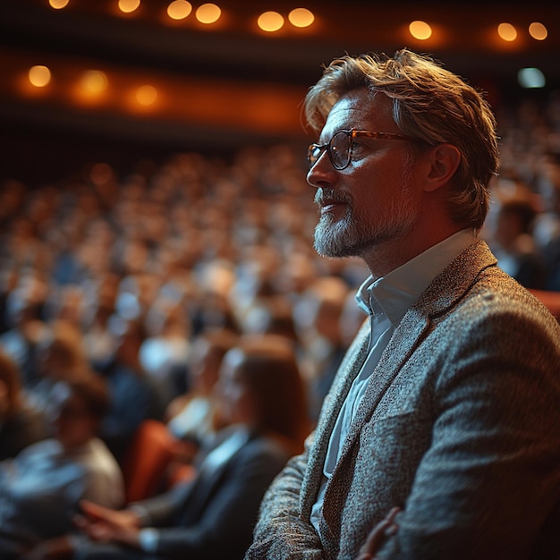 Photo a man was in a crowded meeting hall paying attention to a presentation