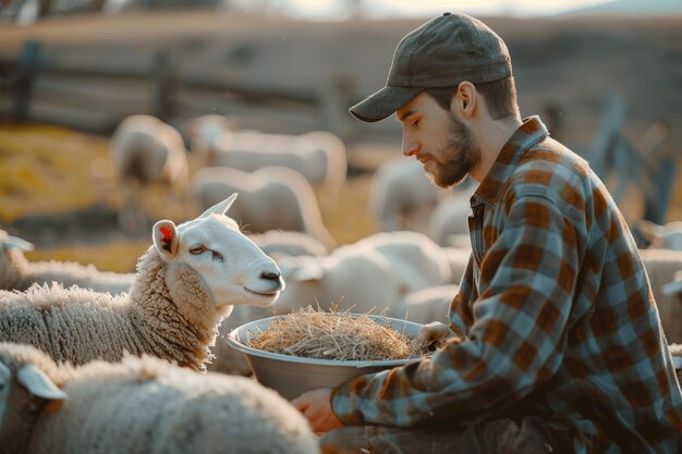 Photo man was feeding the sheep ovis aries on the national farm