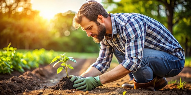 man was planting new born in garden background