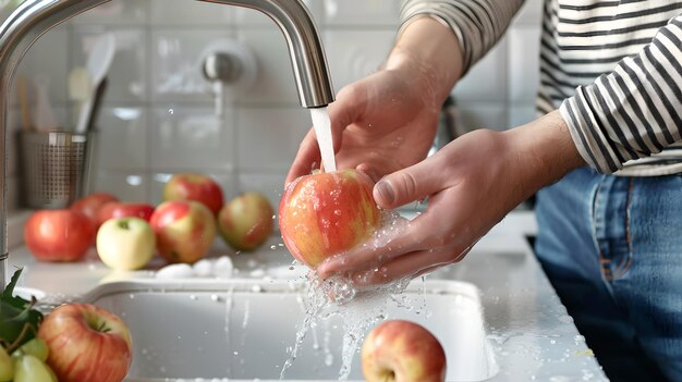 Photo man washing an apple under tap water in a kitchen sink clean and fresh produce for healthy eating daily life kitchen ai