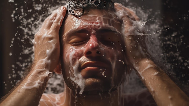 Photo man washing face in soap