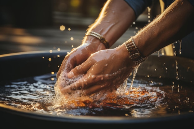 Man washing hands in a large basin outdoors practicing good hygiene in a natural setting