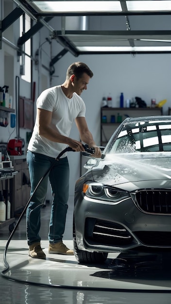 Man washing his car in a garage