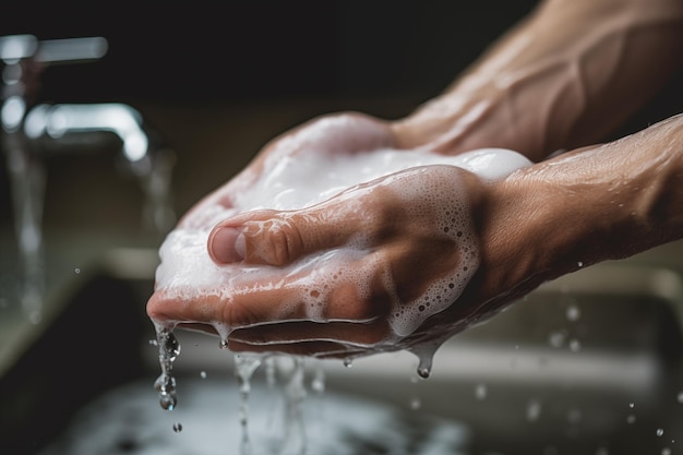 Man washing his hands with water on blur background closeup of hands