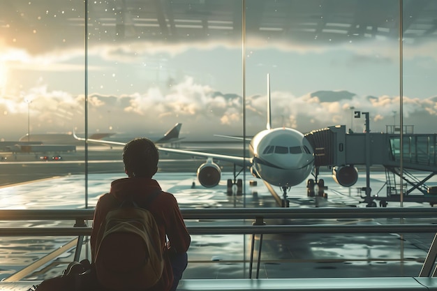 Photo man watching airplane at airport