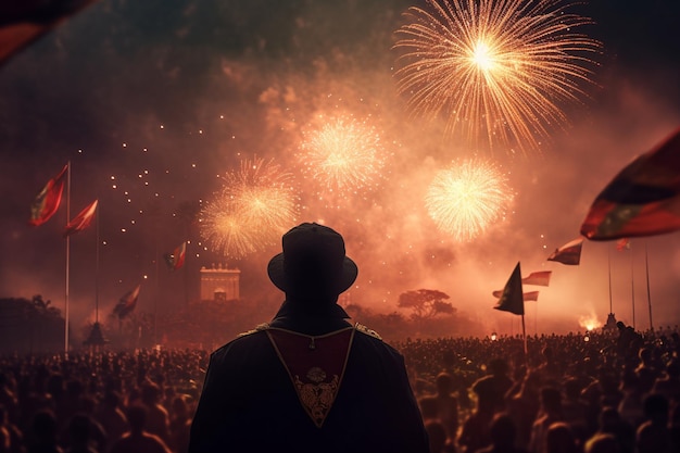 A man watching a fireworks display with a hat on.