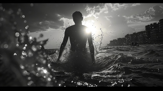 a man in the water with the sun shining on his back