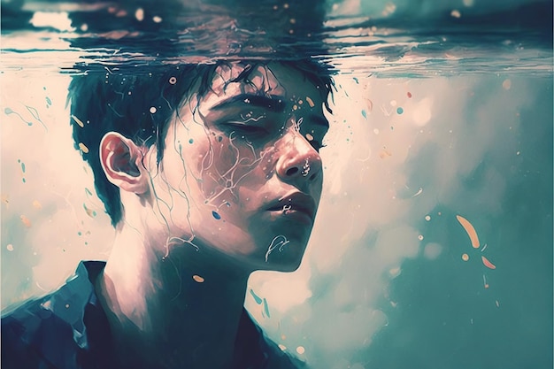 Man in the water The young man falling underwater Digital art style illustration painting