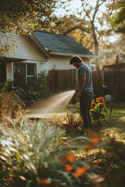 Photo man watering lawn