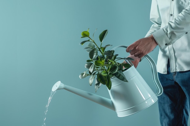 Photo man watering plant at home full shot