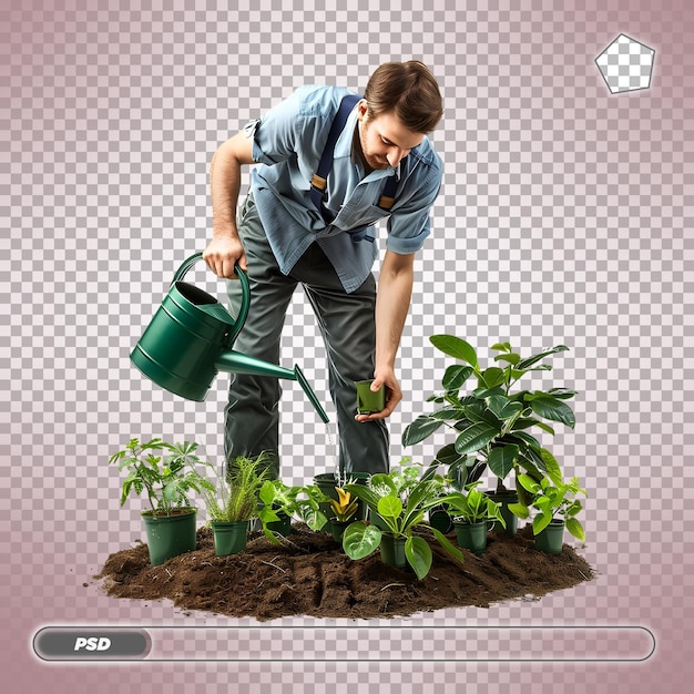 Man watering plants in a garden Isolated on transparent background