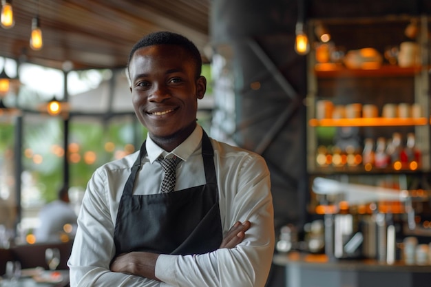 a man wearing an apron that says  hes smiling