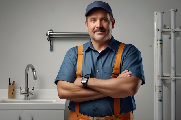 Photo a man wearing an apron with a blue hat and orange suspenders stands in a bathroom