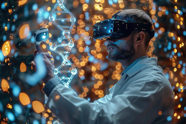 Man wearing an ar headset interacting with a holographic dna structure as the holographic dna