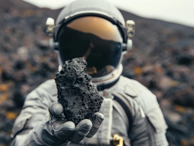 Photo man wearing astronaut uniform holding piece of black meteorite detailed face waisthigh photo shot da