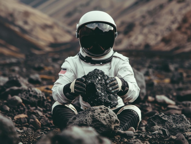 Man wearing Astronaut uniform holding piece of black meteorite detailed face Waisthigh photo shot