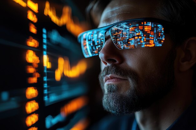 Man Wearing Augmented Reality Glasses Looking at Data