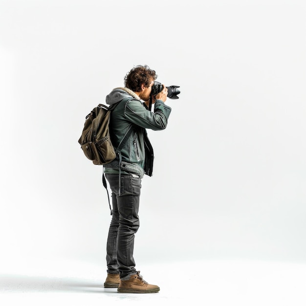 A man wearing a backpack and a green jacket is taking a picture with a camera