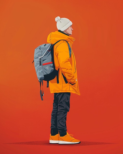 Photo a man wearing a backpack and a hat is standing in front of a red background