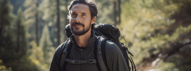 Photo man wearing backpack standing on autumn forest trail hiking alone