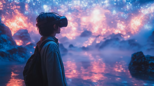 Photo a man wearing a backpack stands in front of a volcano looking at the lava the scene is surreal and dreamlike with the mans reflection in the water and the lava spewing out of the volcano