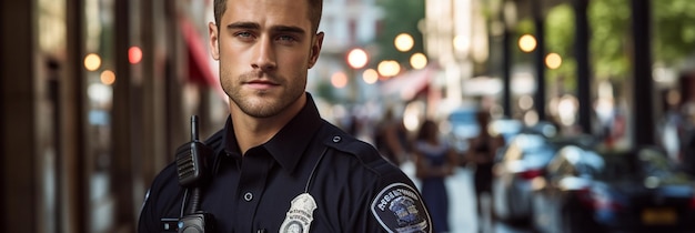 a man wearing a badge that says police on his shoulder.