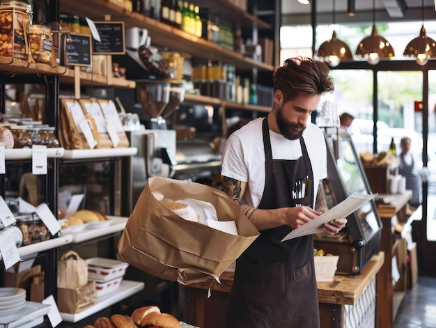 Photo man wearing barista uniform holding coffee detailed face beautiful face waisthigh