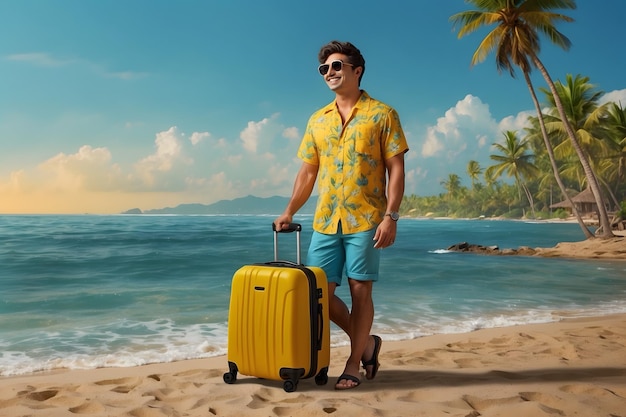 A man wearing beach style dresses with a suitcase at the beach