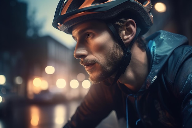 A man wearing a bike helmet is riding on a road.