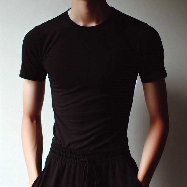 a man wearing a black dress with a black shirt that says  t - shirt