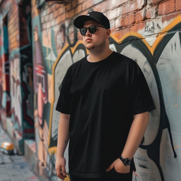 Photo a man wearing a black hat stands in front of a graffiti wall