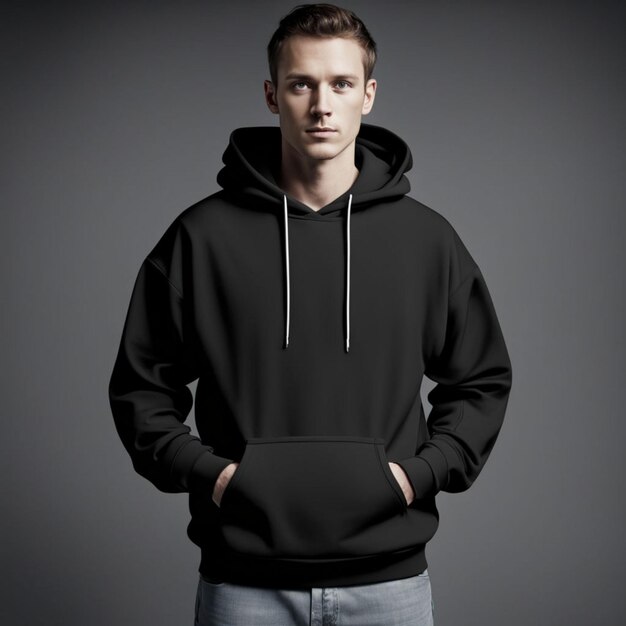 a man wearing a black hoodie with a black hoodie on it