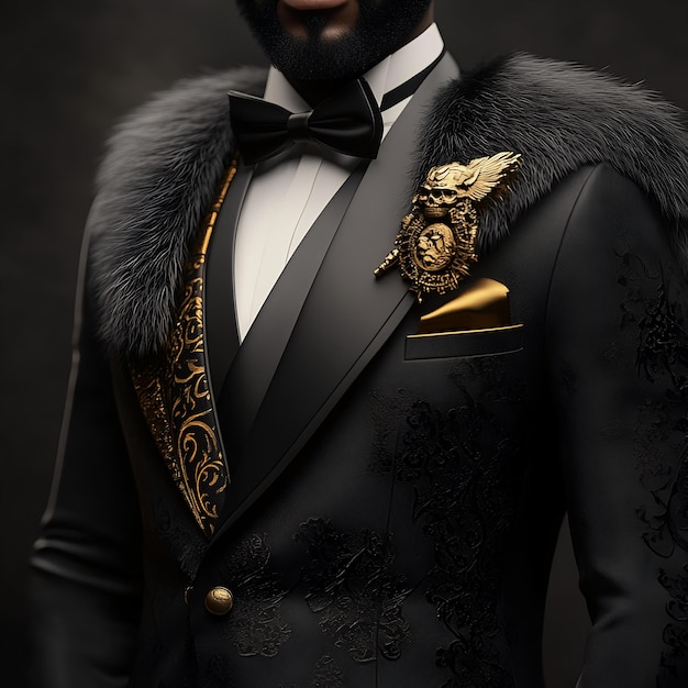 A man wearing a black jacket with a gold lion on the chest