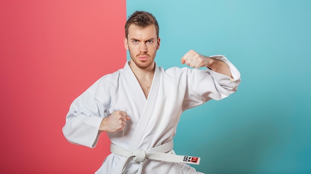 Man Wearing a Black Karate Belt Isolated on a Plain Background