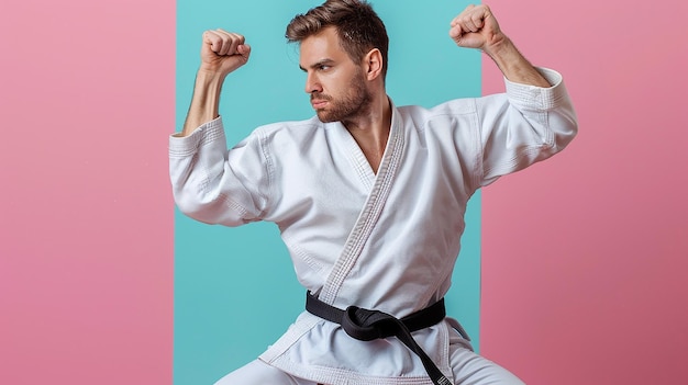 Man Wearing a Black Karate Belt Isolated on a Plain Background