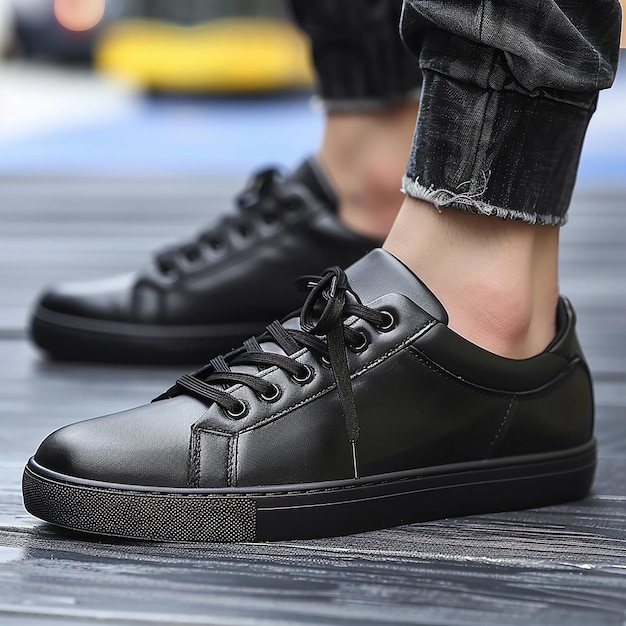 man wearing black leather casual sneakers closeup