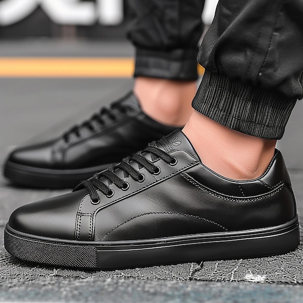 man wearing black leather casual sneakers closeup