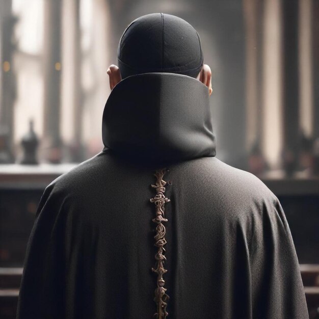 a man wearing a black robe with a cross on the back