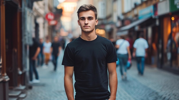 A man wearing a black shirt and jeans standing on a city street Generative AI