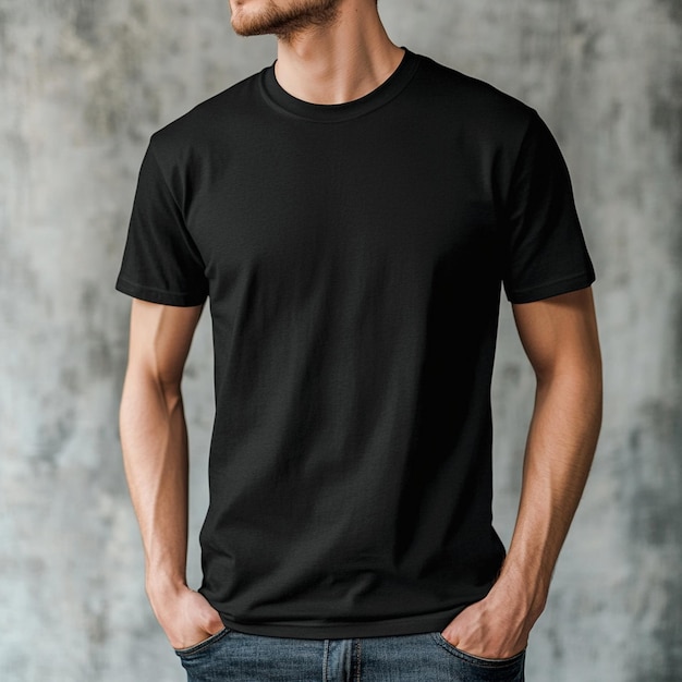 a man wearing a black shirt that says  t - shirt