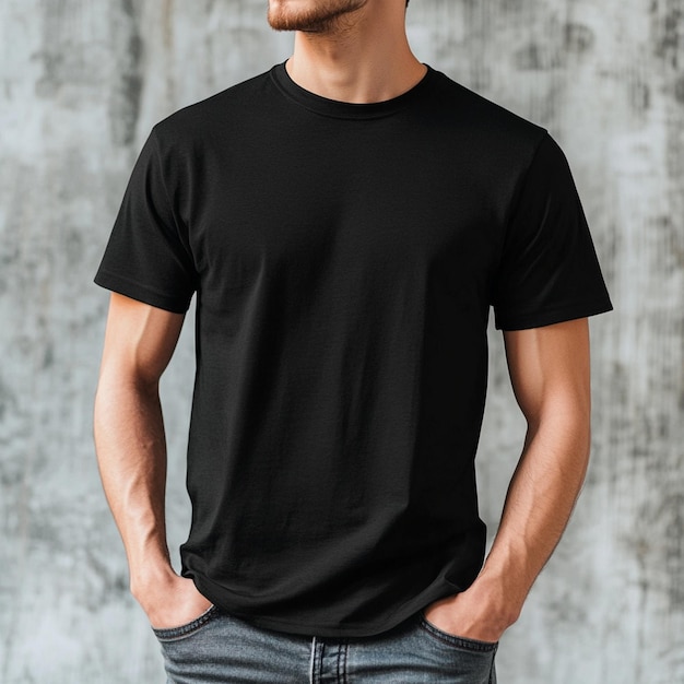 a man wearing a black shirt that says  t - shirt